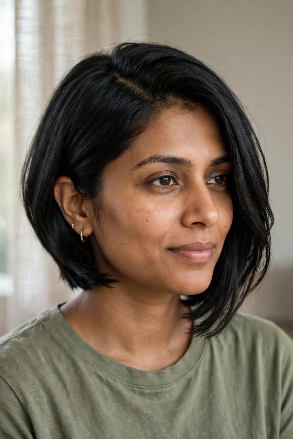 Angled bob with deep side part on a woman with a round face, black hair swept across