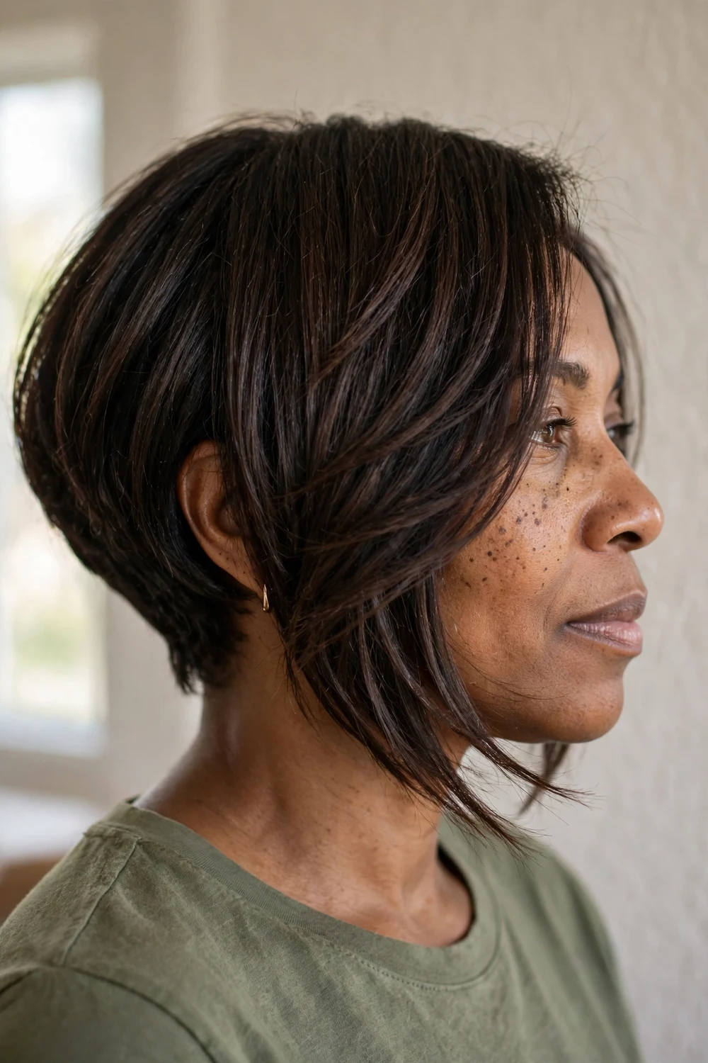 Angled bob with face-framing layers on a woman with a round face, dark brown hair along the cheekbones