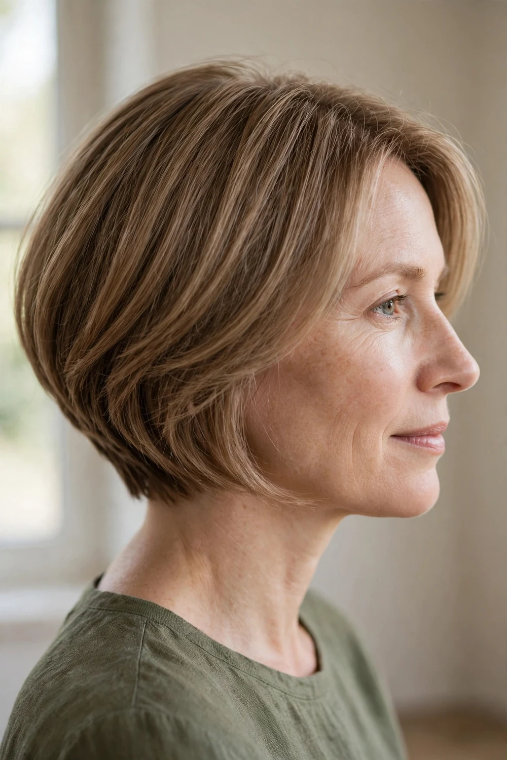 Angled bob for fine hair on a woman with a round face, light brown hair with subtle stacking