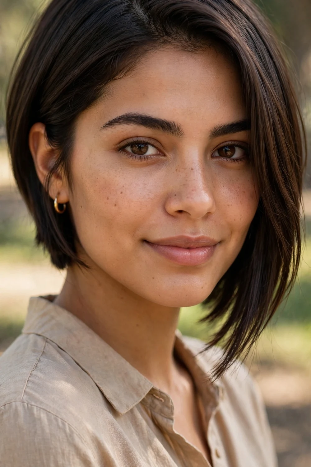 Woman with an angled bob haircut shorter in back and longer in front