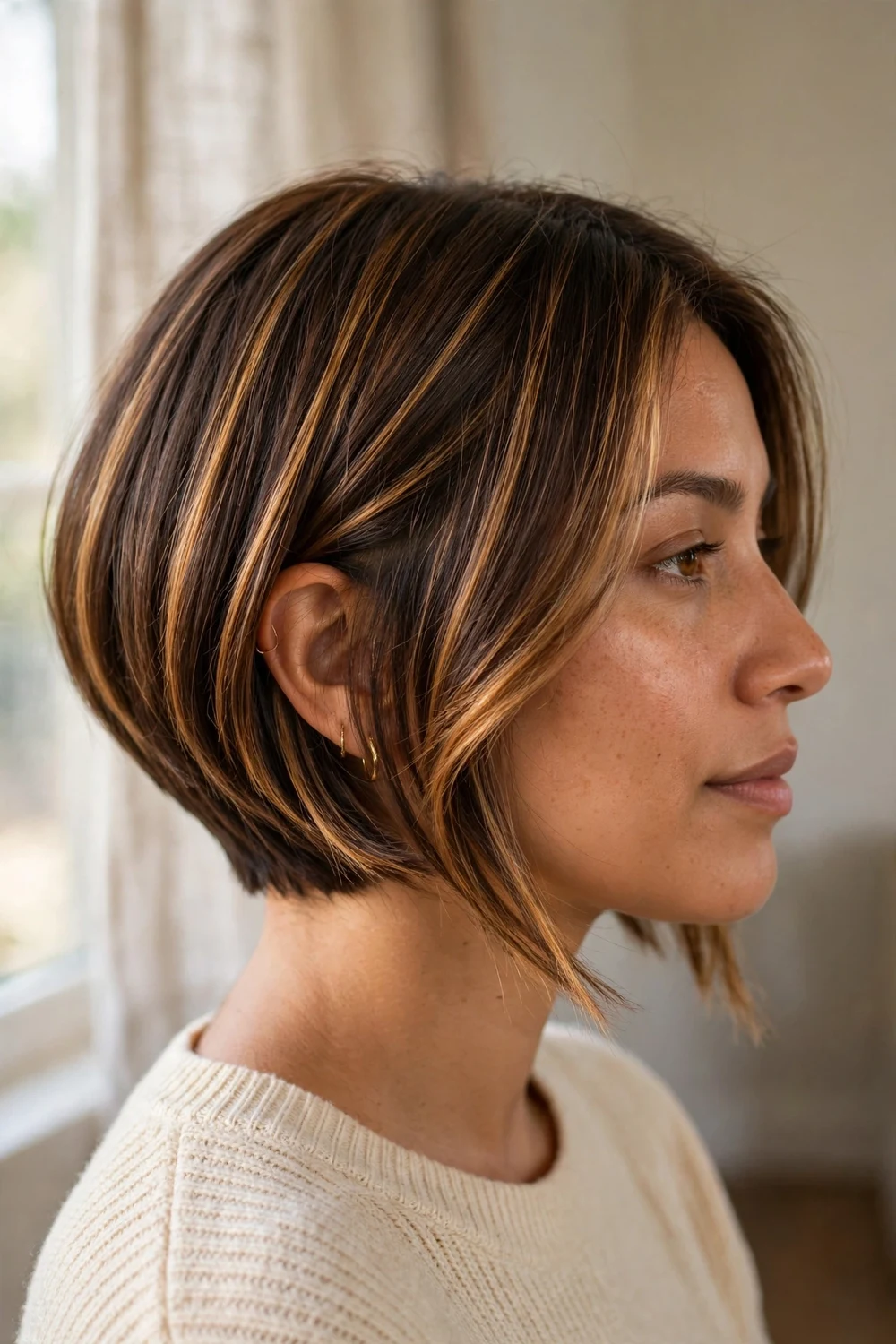 Angled bob with caramel highlights on a woman with a round face, brown hair tracing the angled cut line