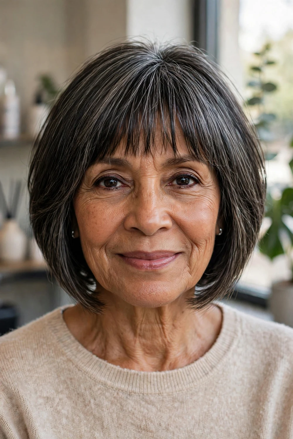 Mature woman with angled bob, layers and bangs