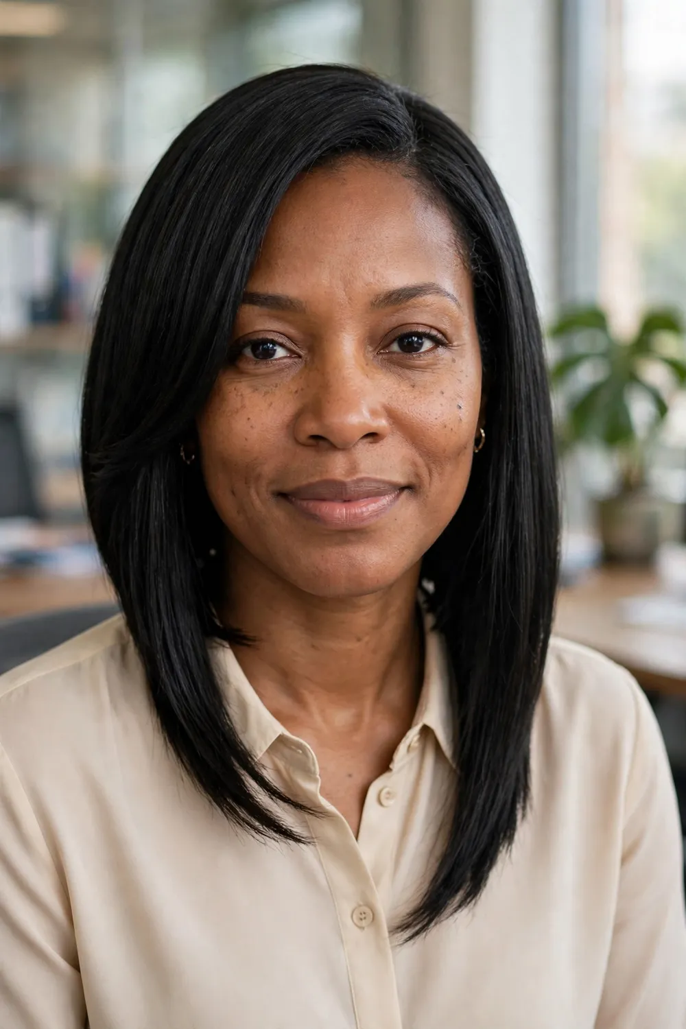 Woman with an oval face wearing an angled bob with longer front pieces