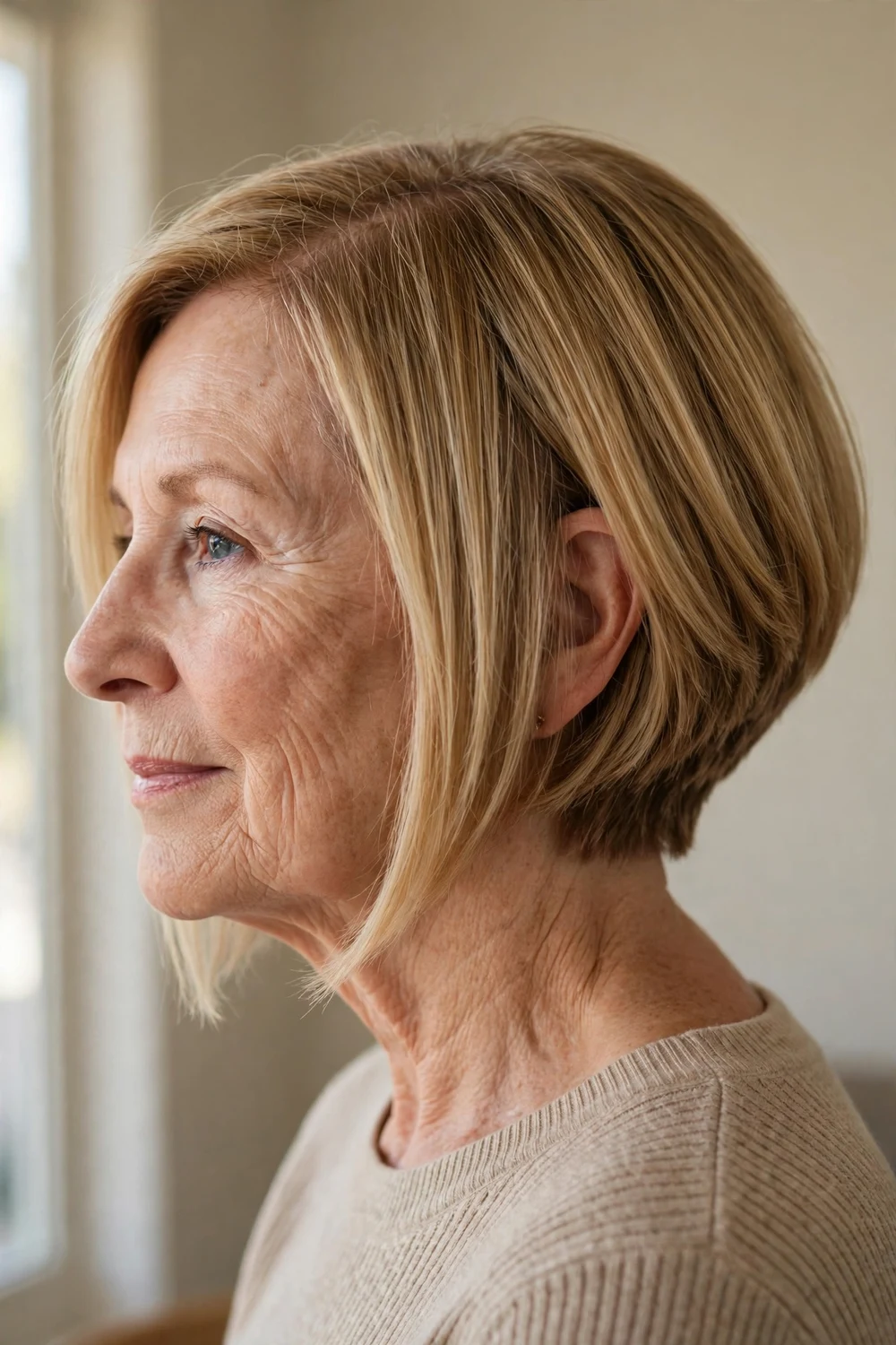 Woman over 60 with angled A-line bob shorter at back and longer at front