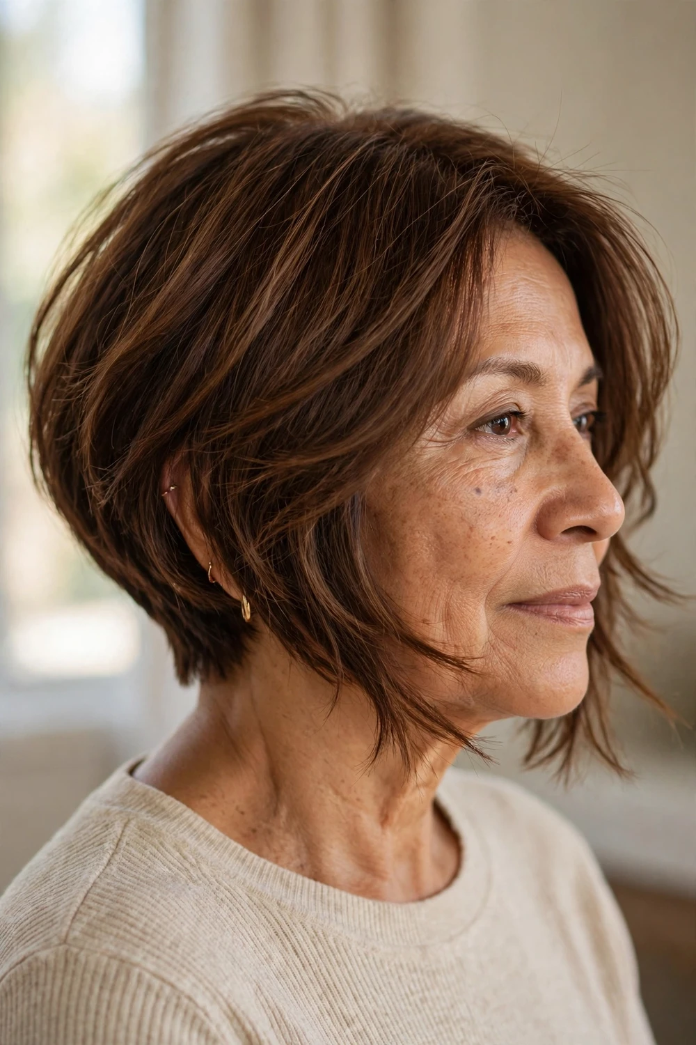 Angled bob with feathery razored ends on a woman over 60 with fine hair