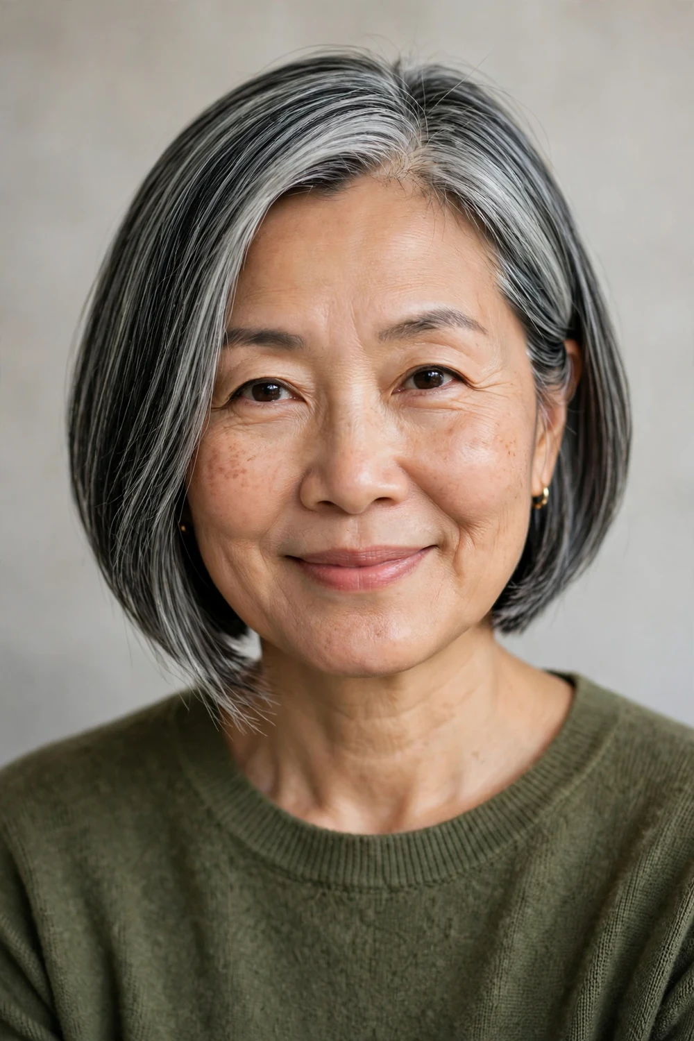 East Asian woman in her late 50s with an angled bob in salt-and-pepper hair