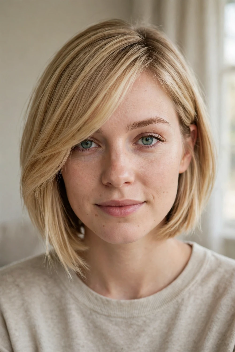 Angled bob with side-swept bangs on a woman with a round face, honey blonde hair
