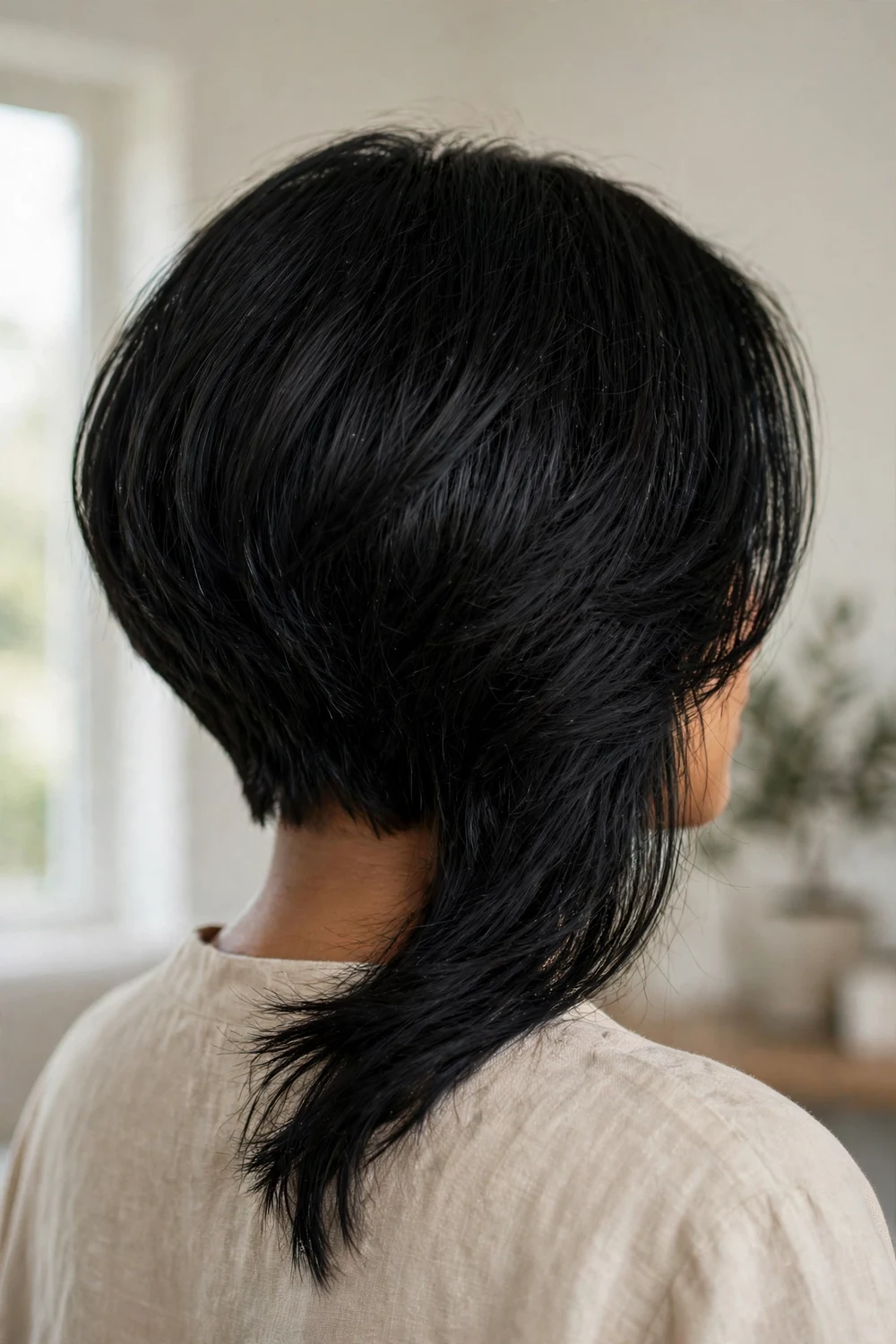 Angled bob for thick hair on a woman with a round face, shaped black hair with weight removed