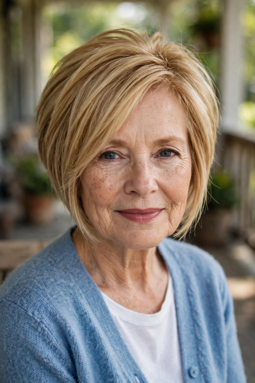 Woman over 50 with an angled bob haircut on thin blonde hair