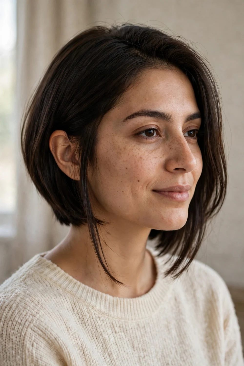 Angled bob with one side tucked behind the ear on a woman with a round face, dark brown hair