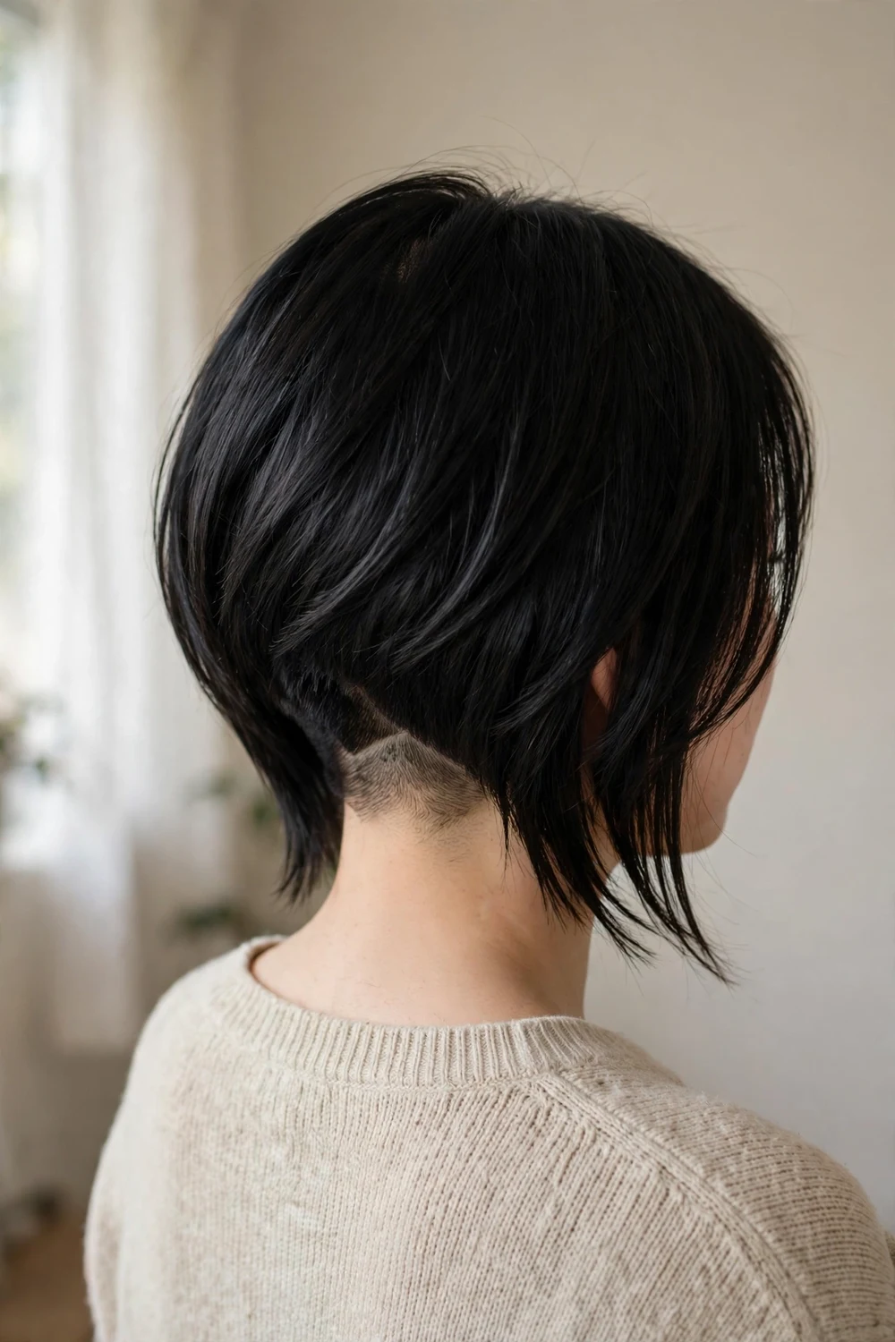 Angled bob with hidden undercut nape on a woman with a round face, black hair with tapered nape