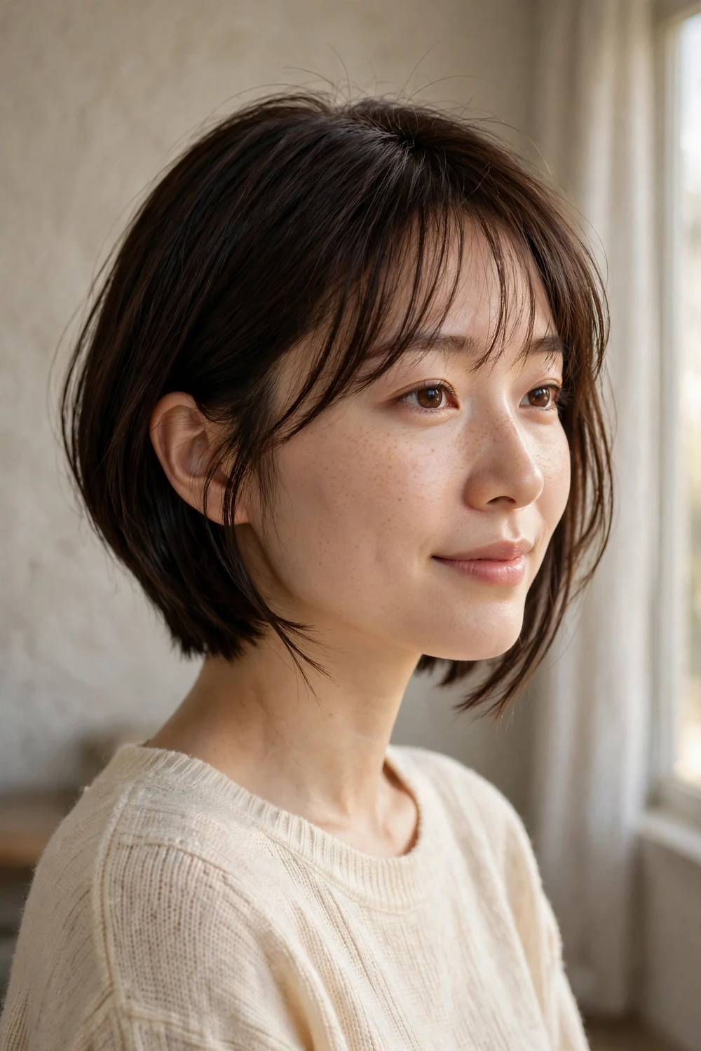 Angled bob with wispy bangs on a woman with a round face, dark brown hair with light feathery fringe