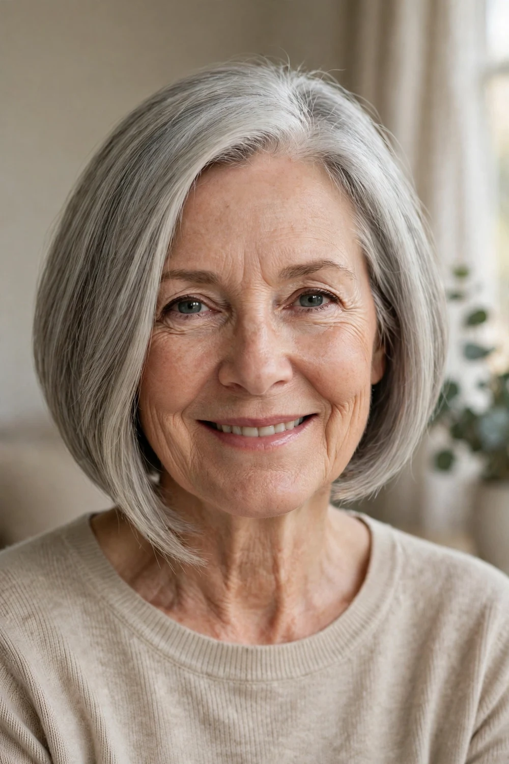 Angled bob for women over 50 with a round face, polished soft gray hair