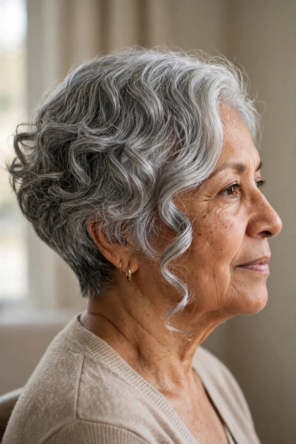 Woman over 60 with a silver angled curly bob