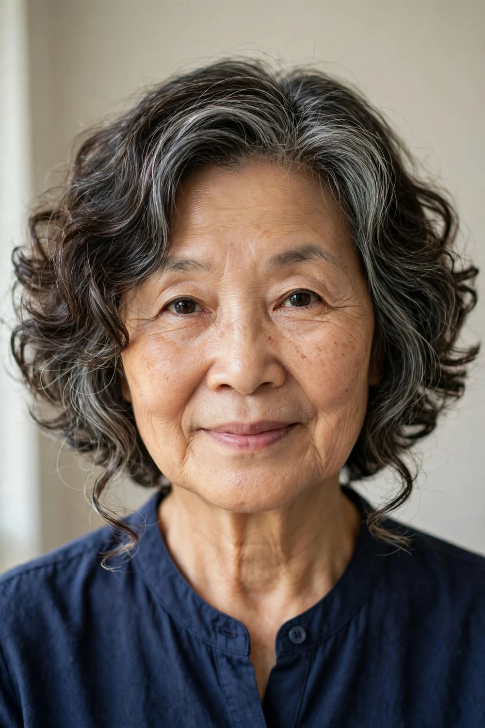 Angled inverted curly bob longer in front on woman over 60