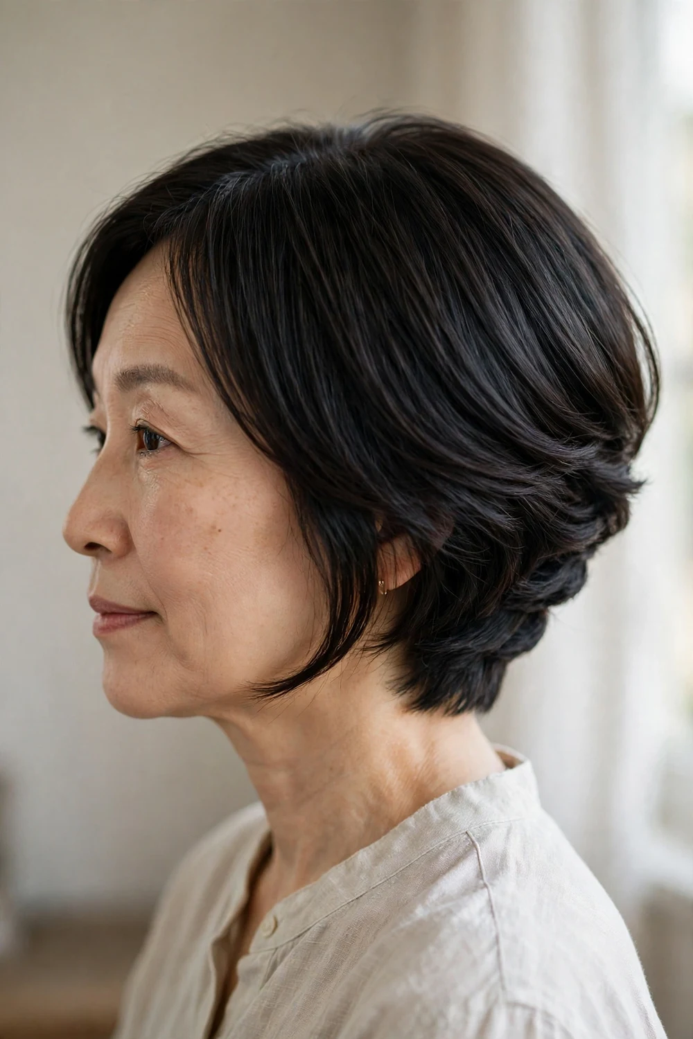 Angled inverted stacked bob, longer in front and stacked in back