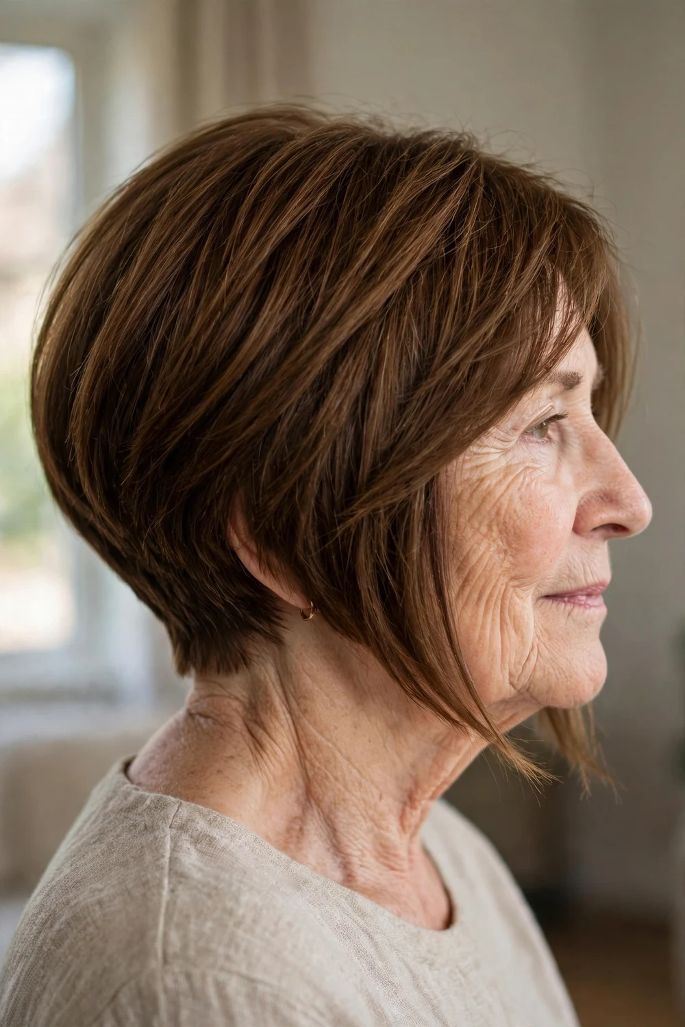 Angled layered bob sloping from short at the back to longer in front
