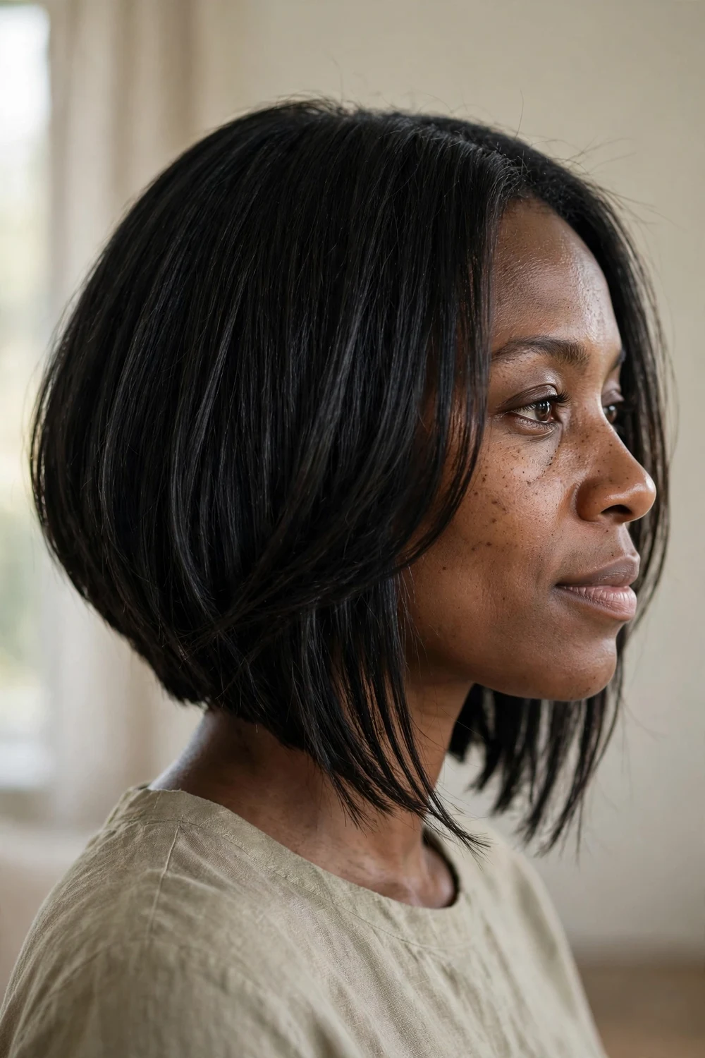Angled long bob on a woman with a round face, collarbone-length black hair angling longer in front