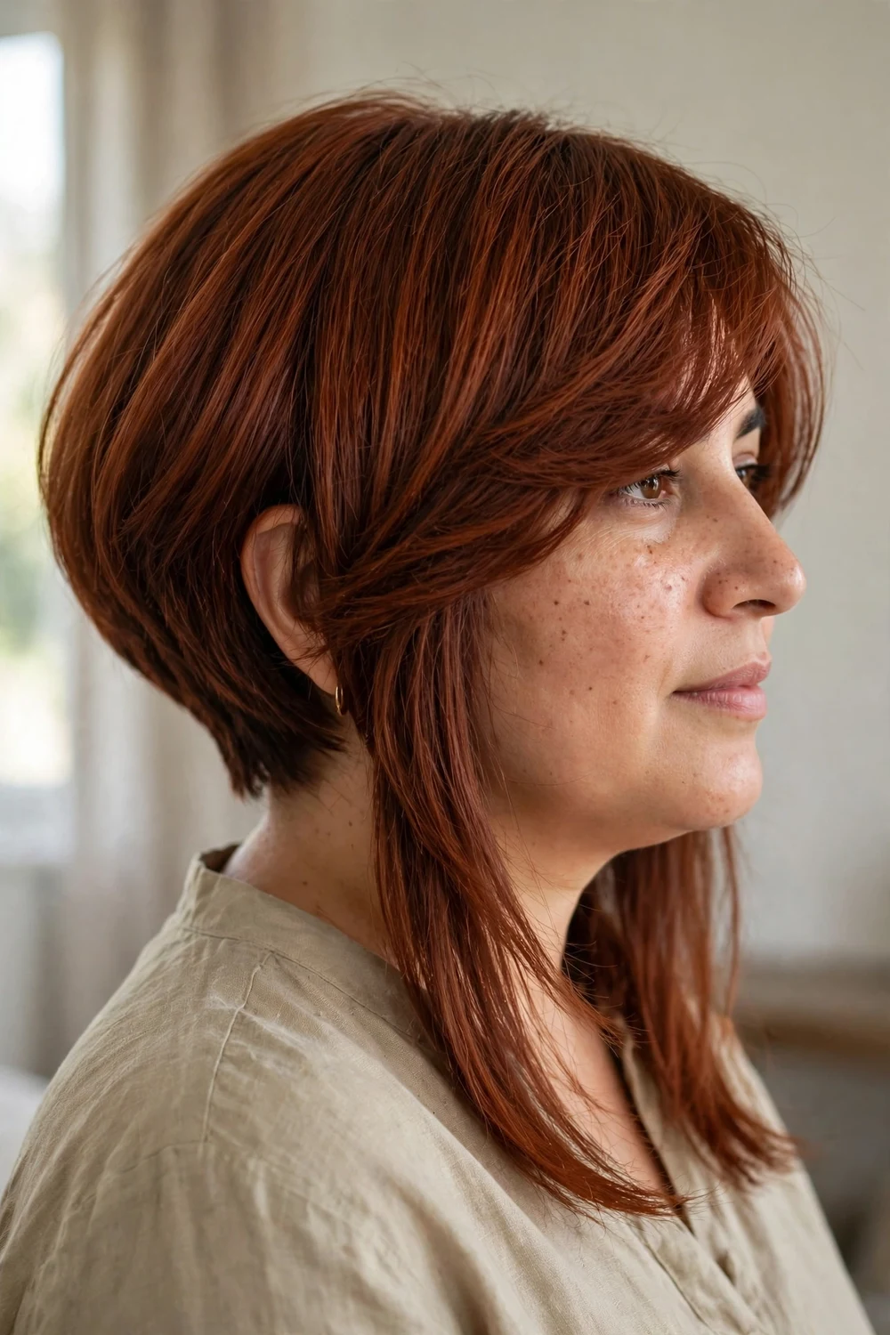 Woman with round face wearing an asymmetrical bob with long angled side bangs