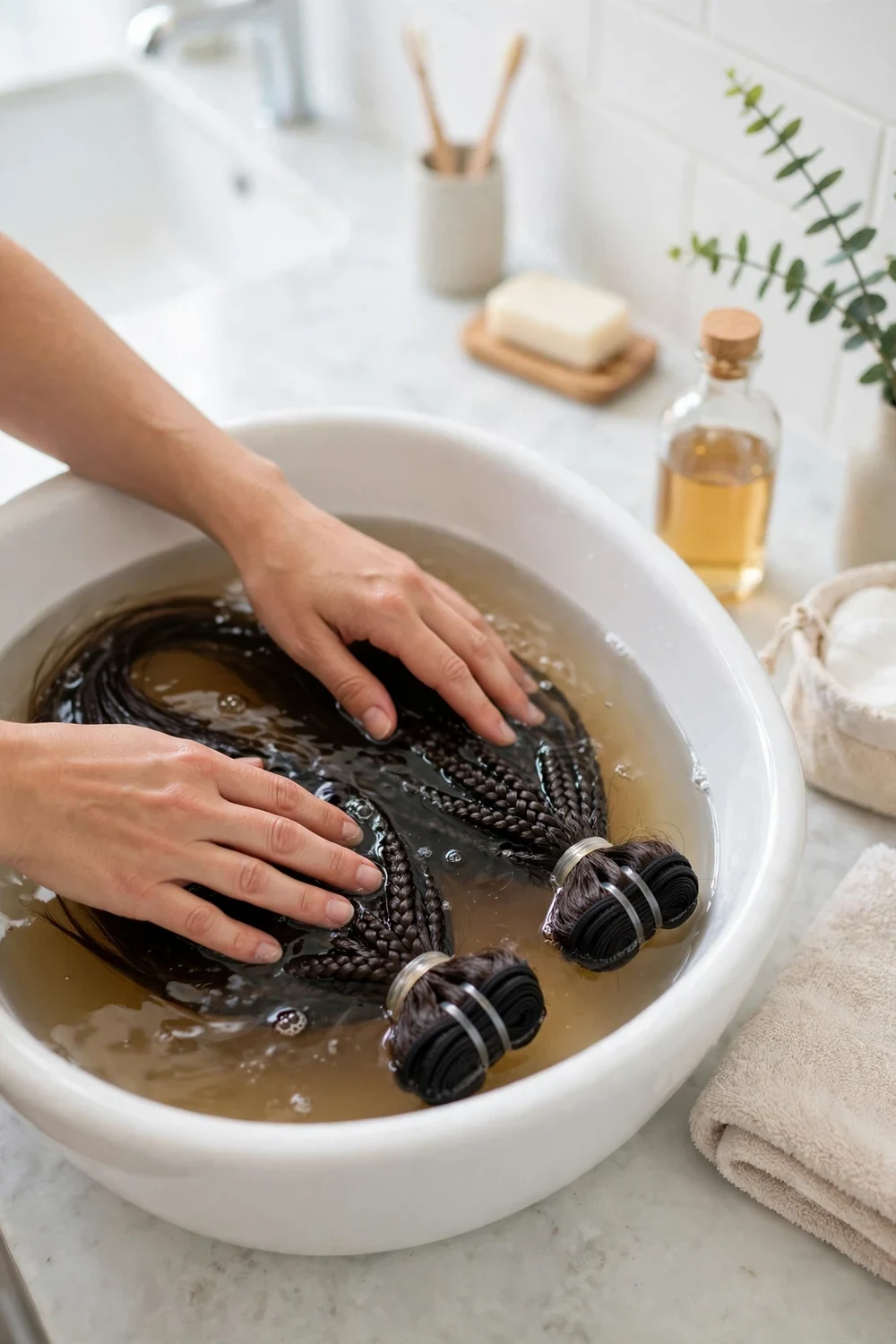 Hands soaking synthetic braiding hair in a basin of apple cider vinegar and warm water