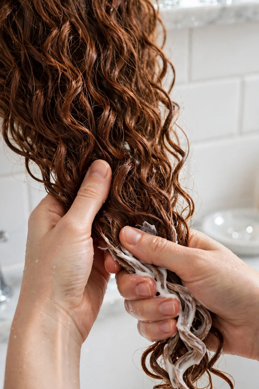 Working conditioner into the ends of curly hair with hands