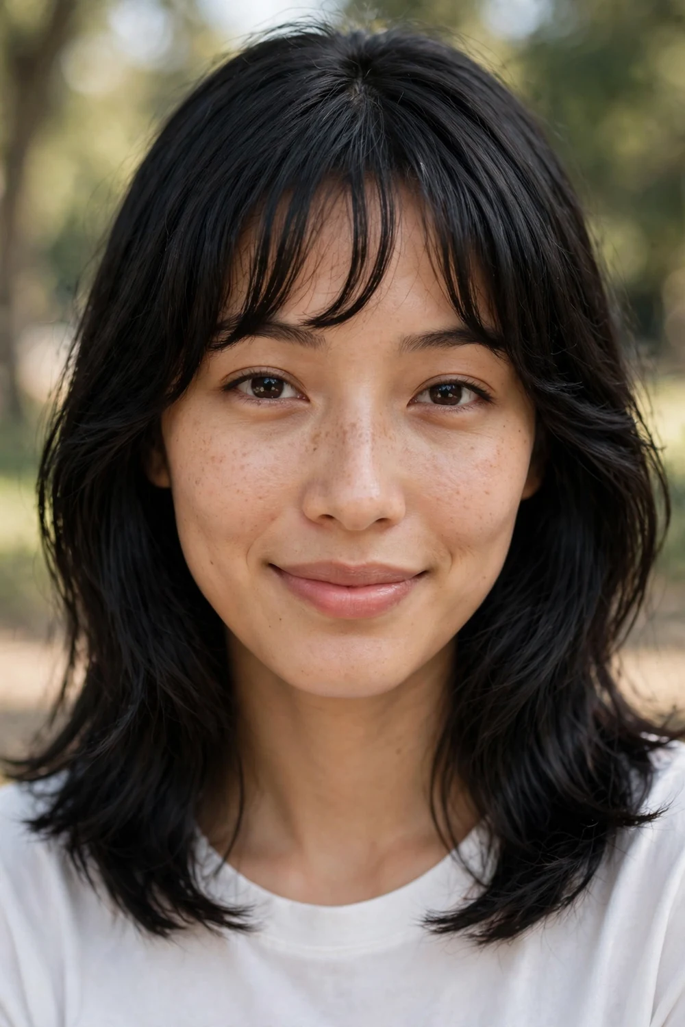 Woman with a long oval face wearing a mid-length cut with arched bangs shorter in the center