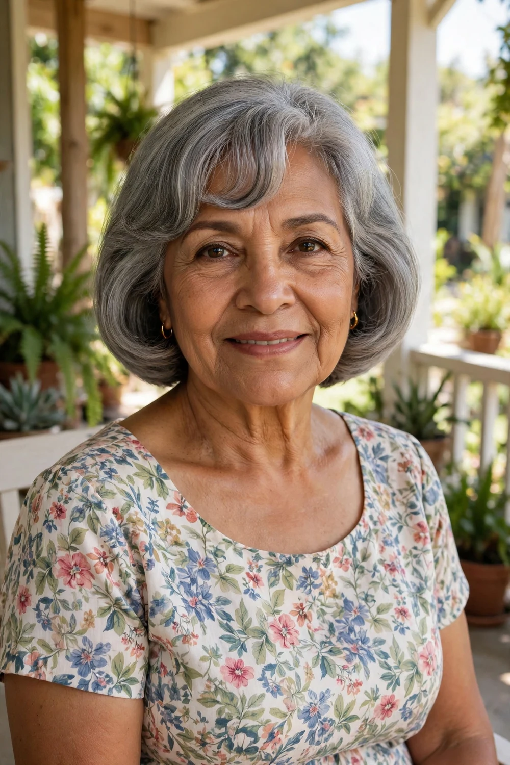 Latina woman in her late 60s with gray arched bangs and a soft bob