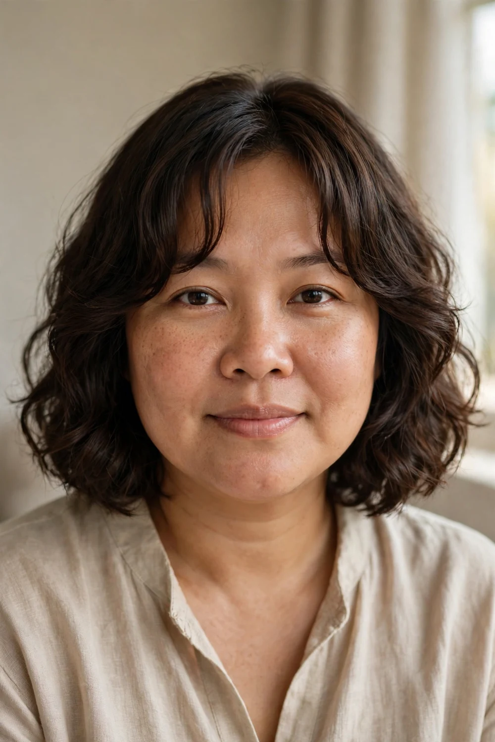 Woman with round face wearing a wavy bob with soft arched bangs