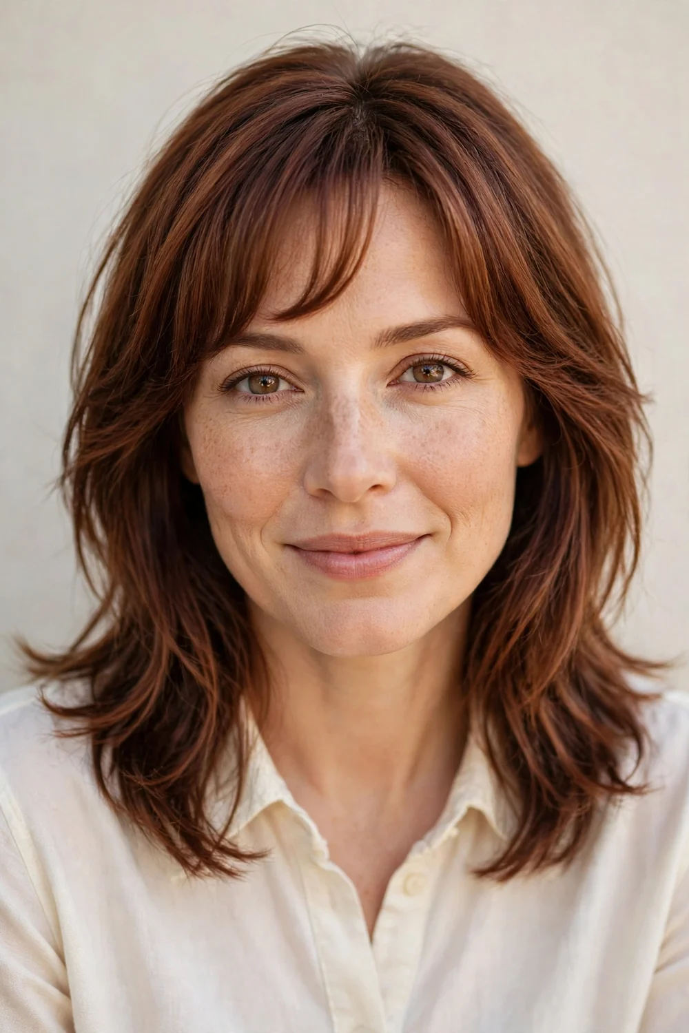 Woman with arched bangs curving shorter in the center