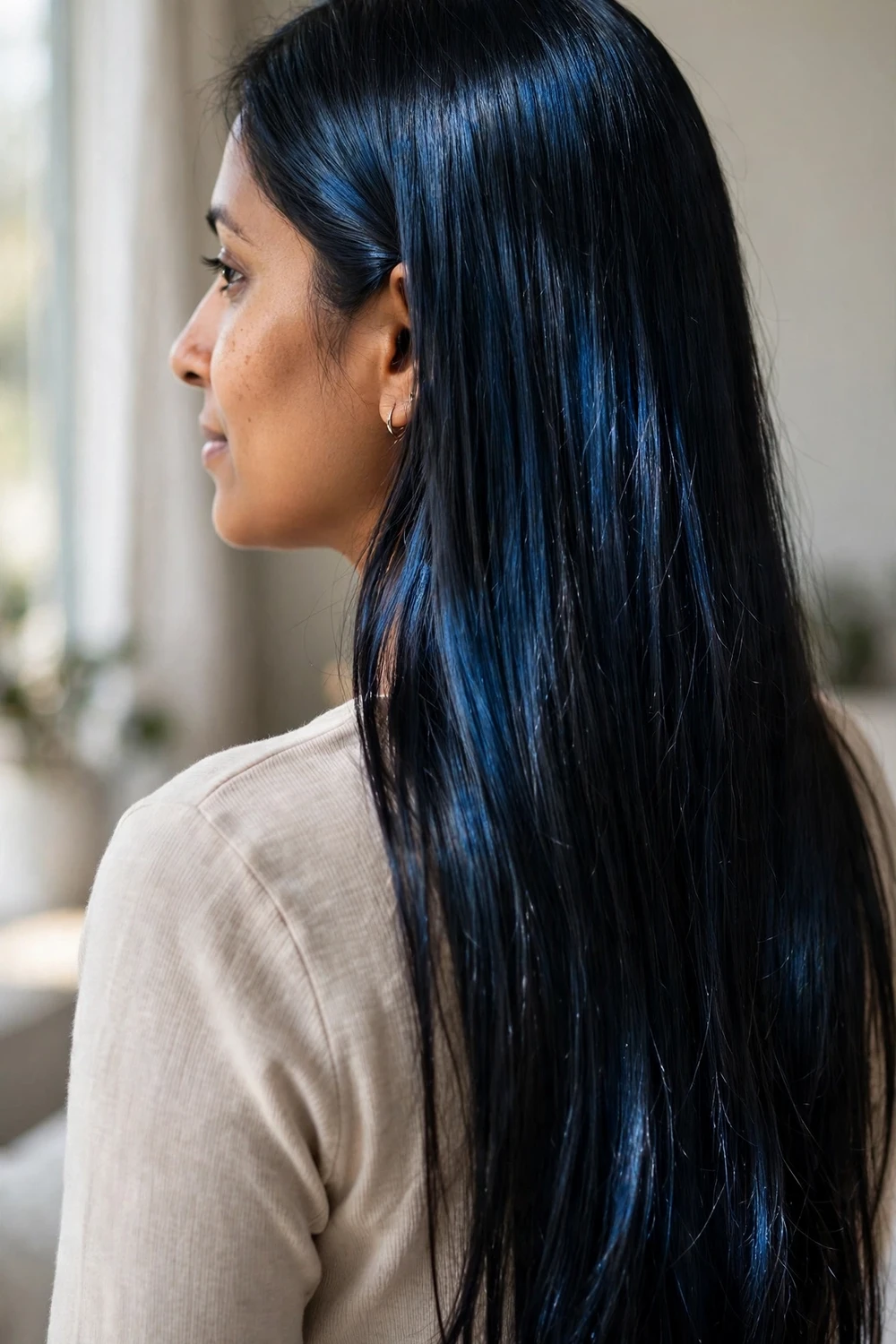 Woman with arctic blue-toned black long straight hair with a subtle blue sheen