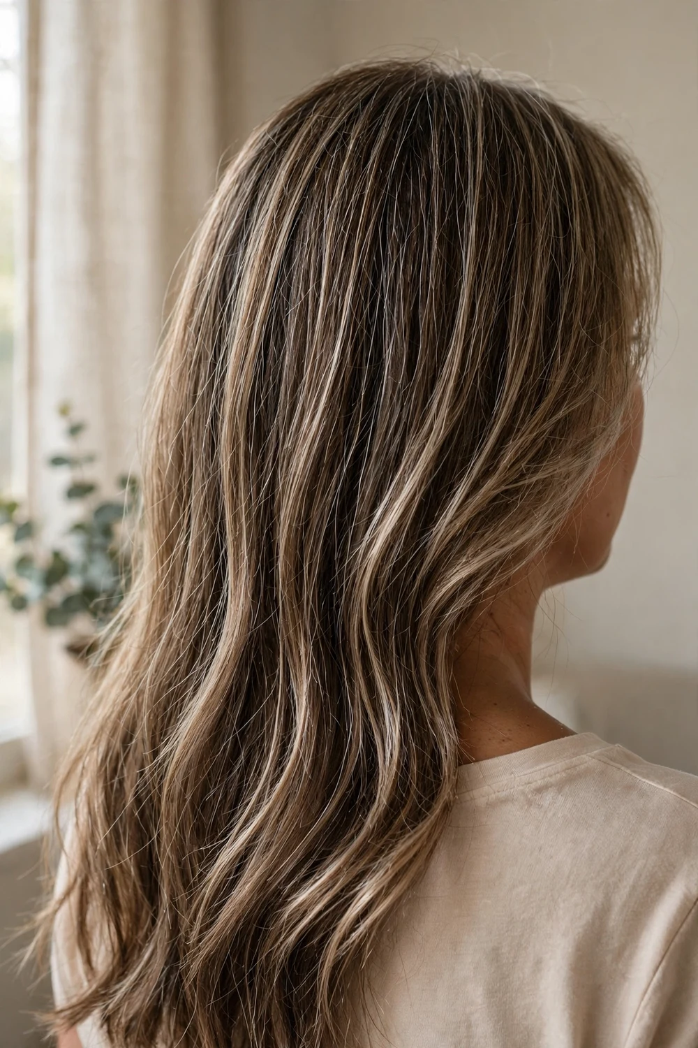 Ash blonde babylights with fine delicate cool highlights through light brown hair