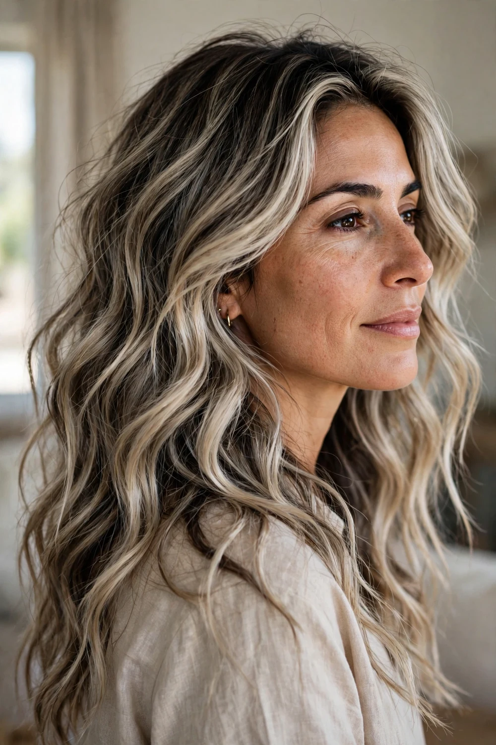 Beachy ash blonde balayage waves with cool sun-kissed texture and dark lowlights