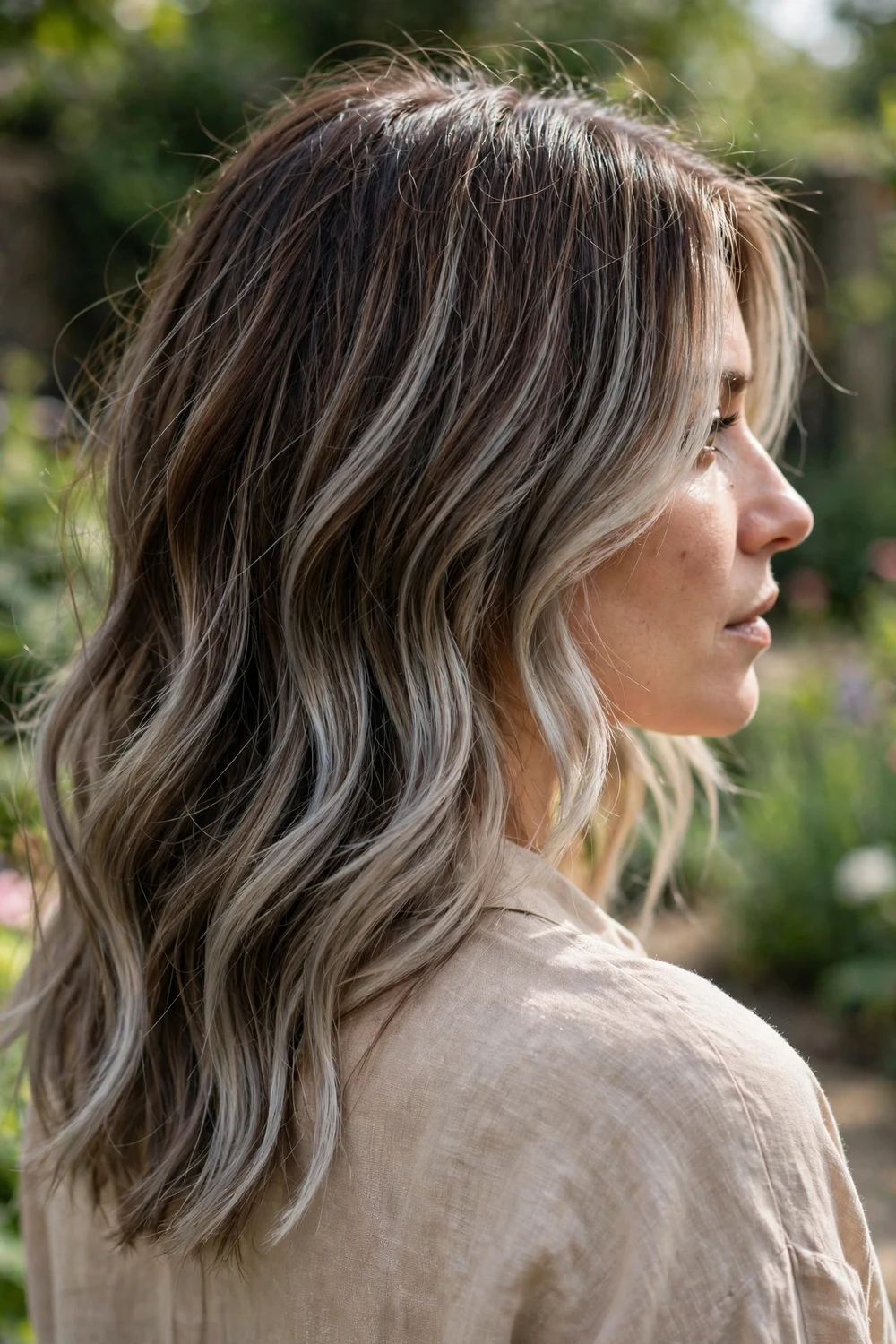 Woman with ash blonde balayage on brown hair, cool smoky blonde pieces on a brunette base