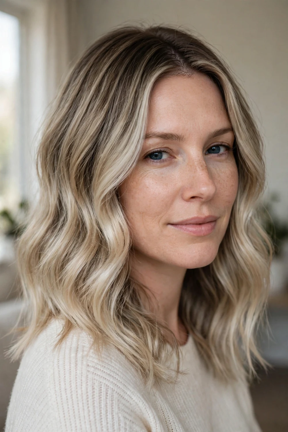 Classic soft ash blonde balayage with neutral-cool tone melting from natural roots to brighter ends