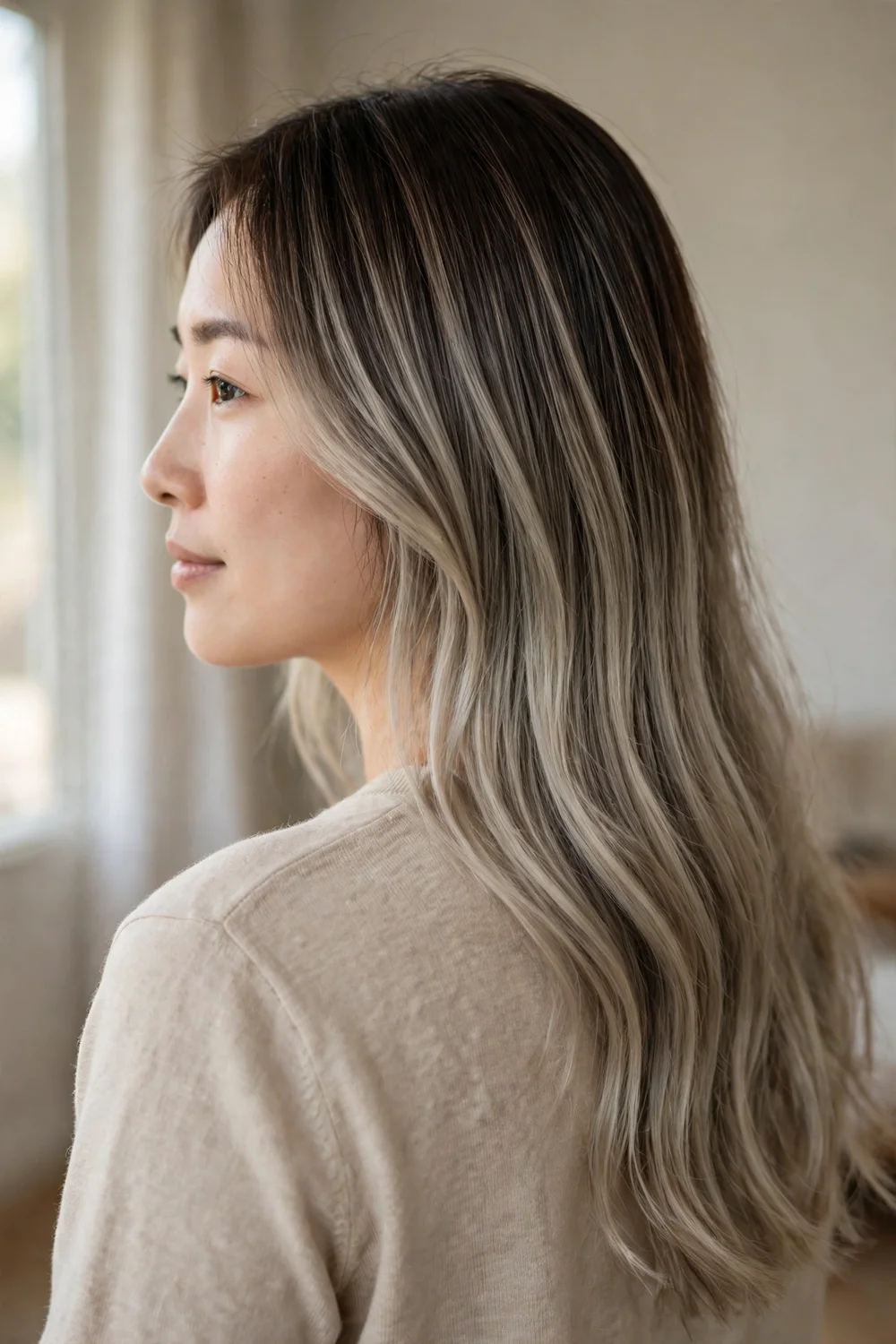 Woman with dark brown roots melting into ash blonde balayage lengths