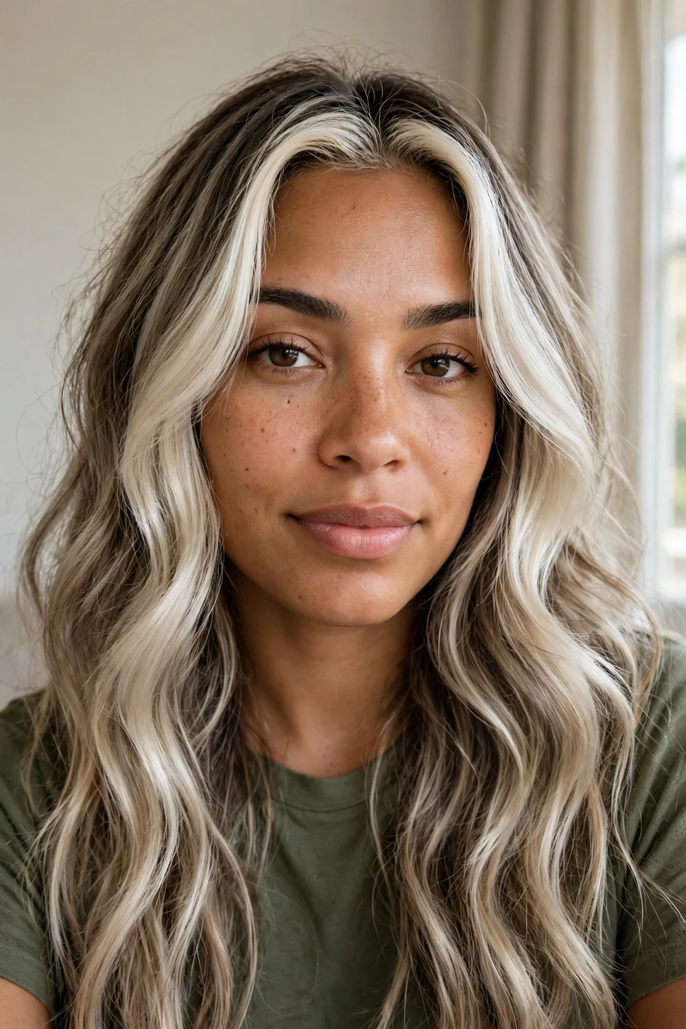 Ash blonde balayage with bright face-framing highlights and bold money piece