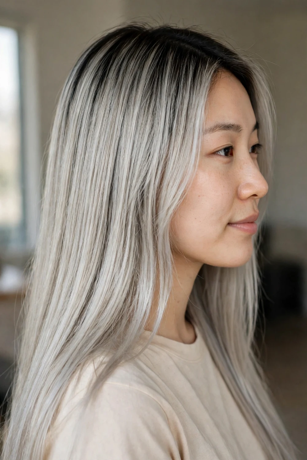 Icy ash blonde balayage with bright silver-cool blonde lengths