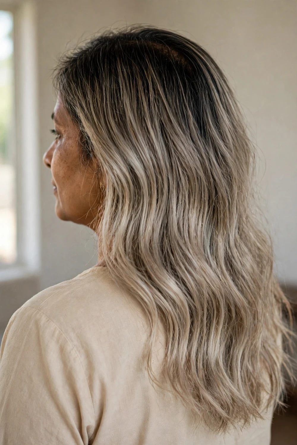 Lived-in low-maintenance ash blonde balayage with natural root and soft grow-out