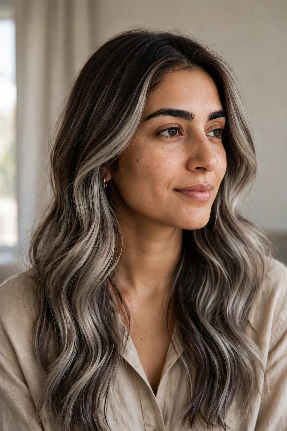 Mushroom-tone ash blonde balayage with cool gray-blonde pieces over dark brunette hair