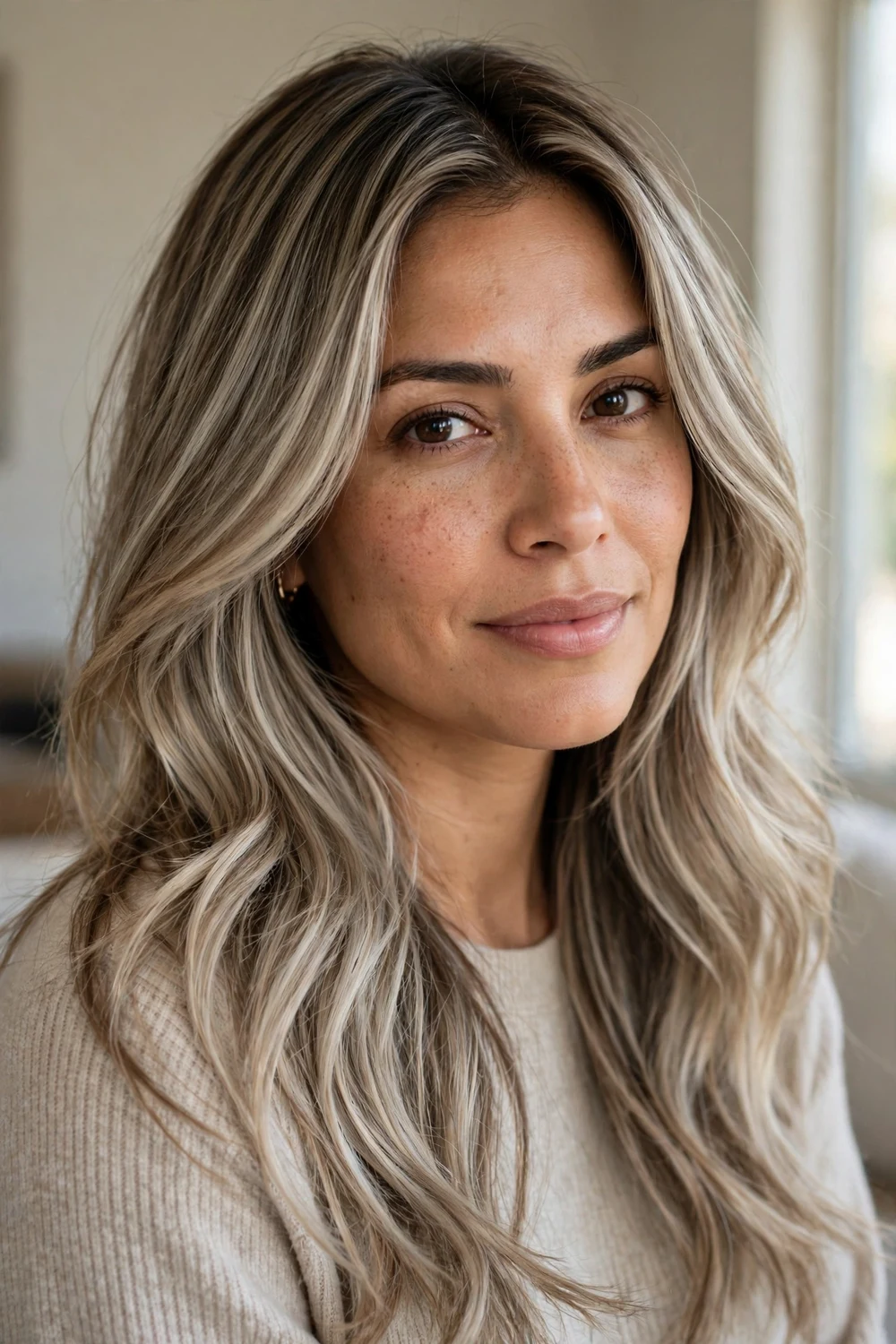 Ash blonde balayage adjusted with a warmer-neutral root for olive skin tones