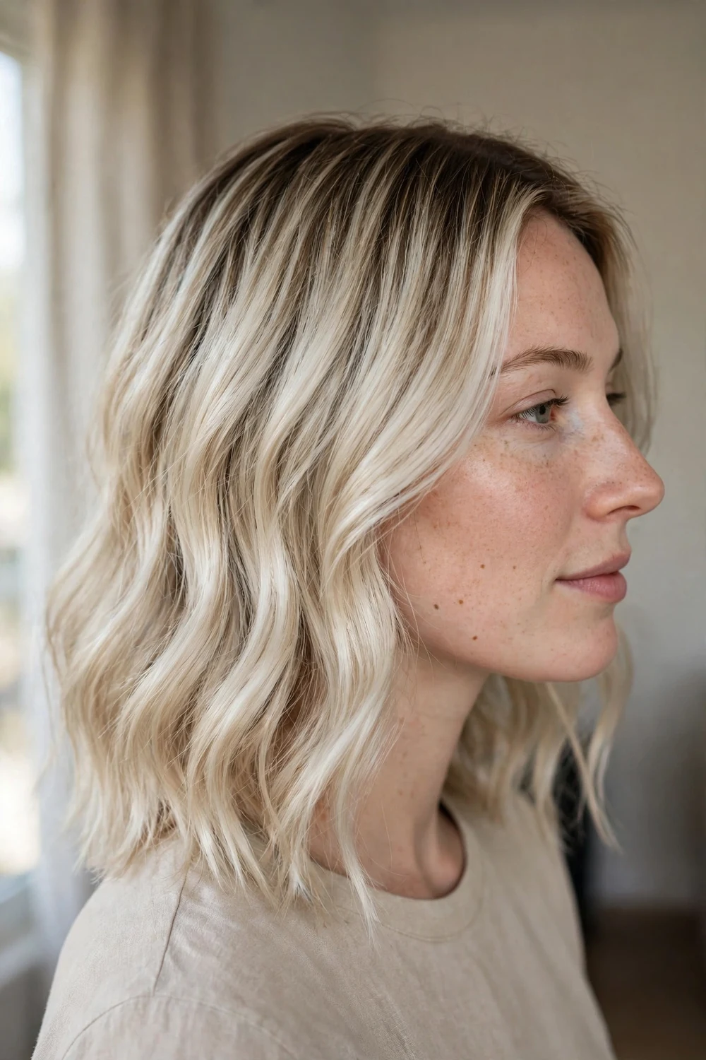 Pearl-ash blonde balayage with creamy luminous cool blonde and soft root