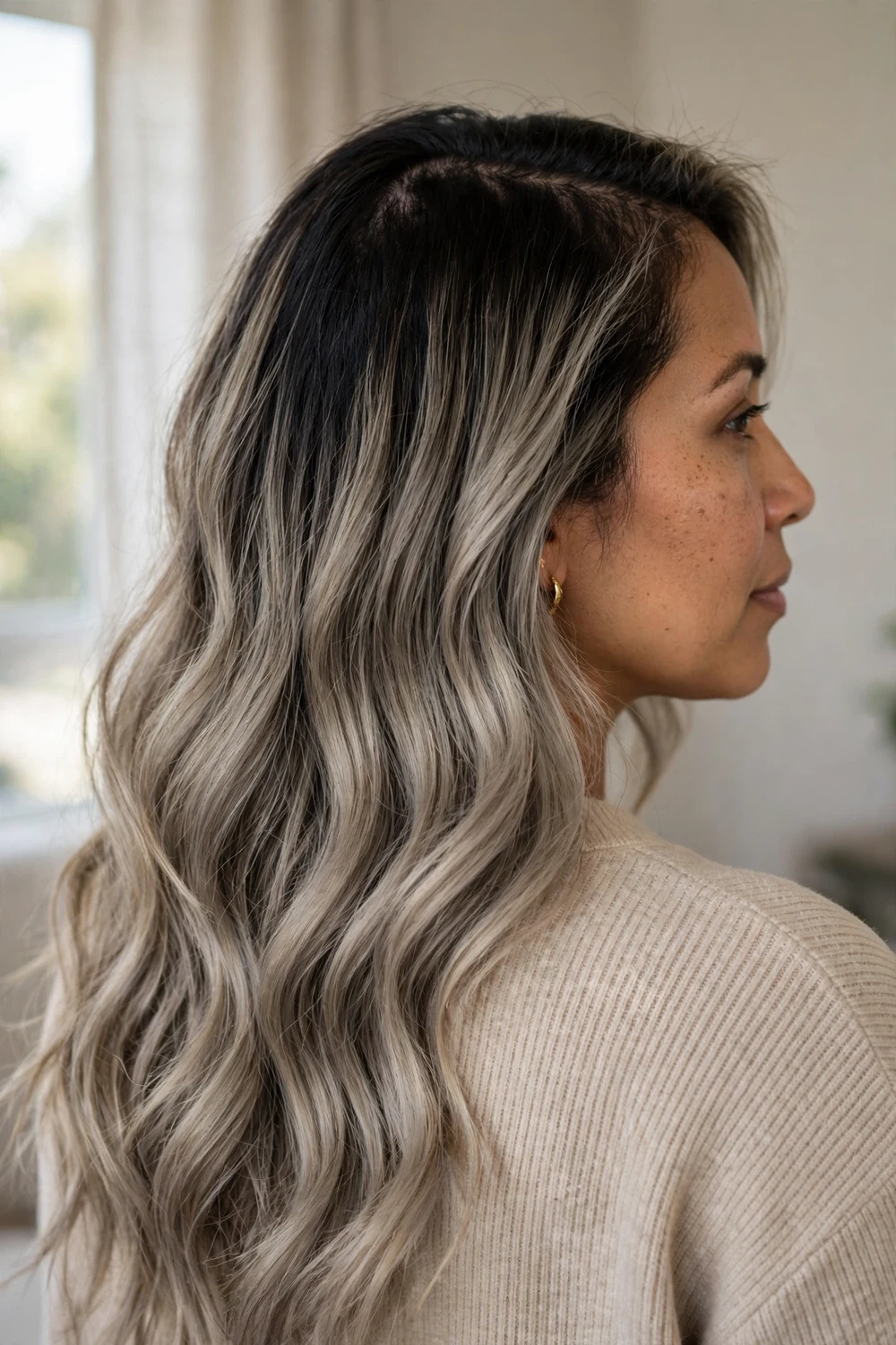 Smoky ash blonde balayage with a deep shadow root melting into moody ash ends