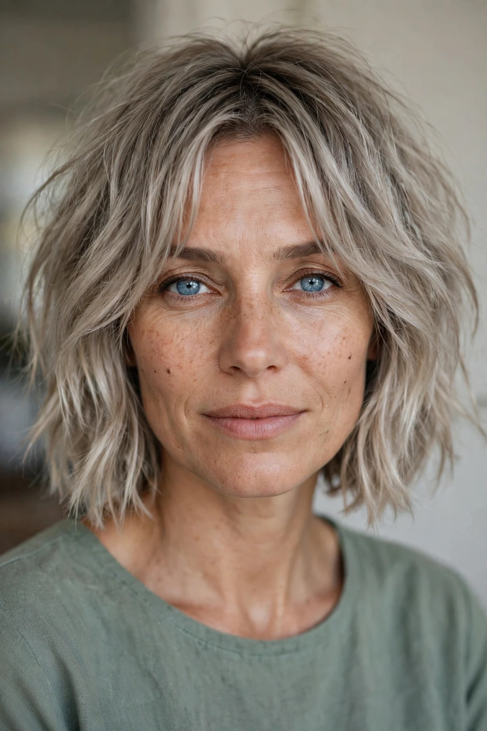 Ash blonde choppy bob with curtain fringe