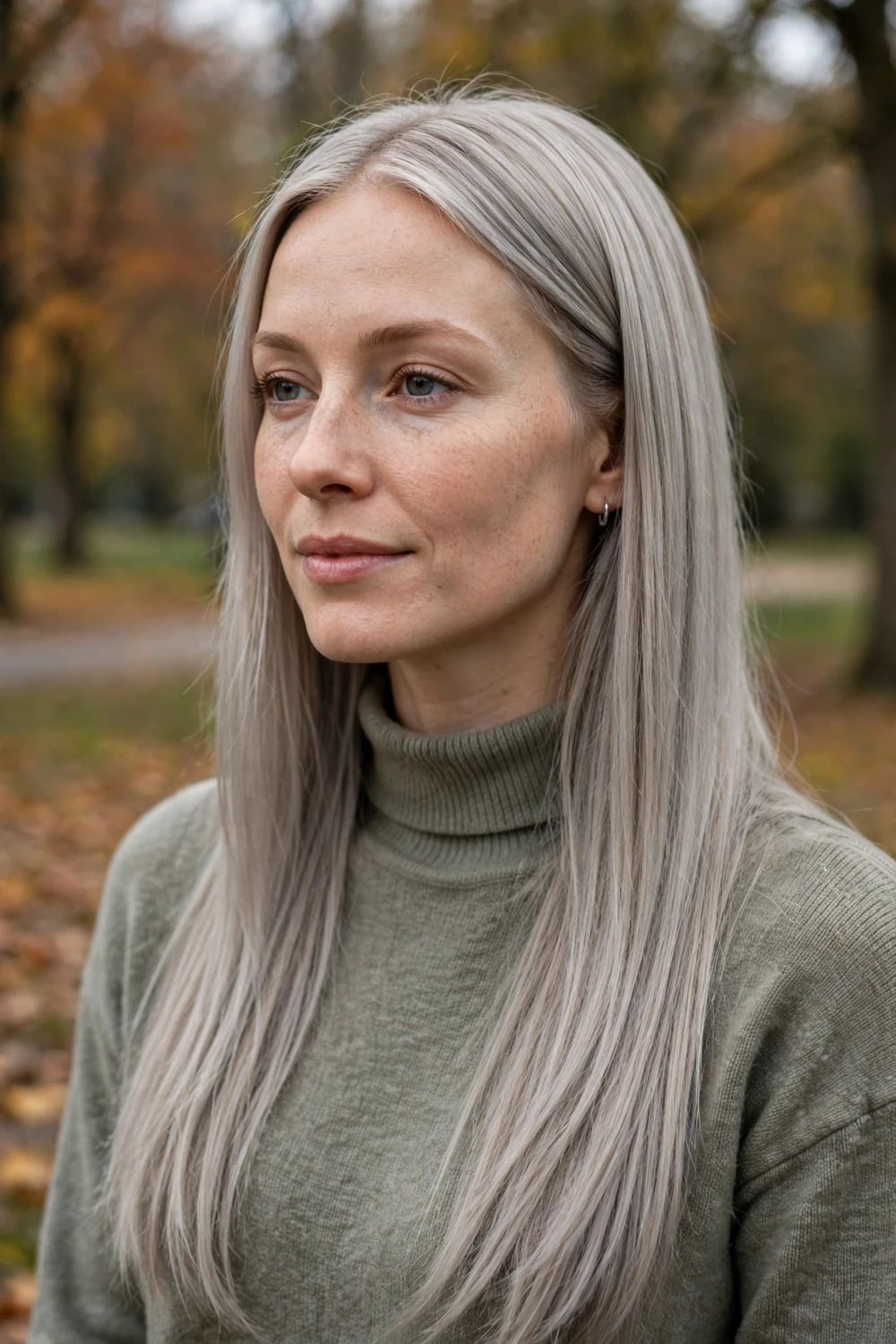 Woman with ash blonde fall hair color