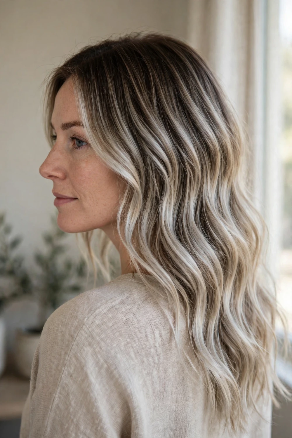 Woman with long wavy ash blonde balayage hair