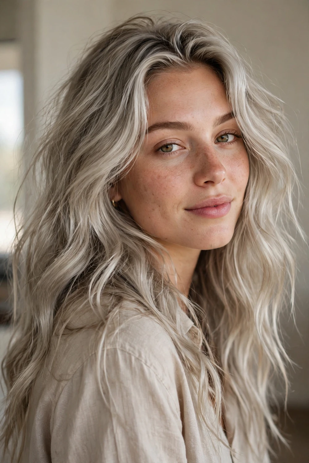 Woman with ashy blonde beach waves