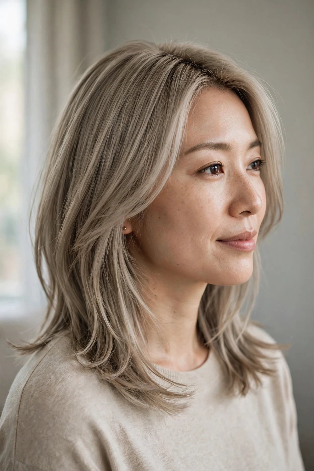 Woman with beige ash blonde layered lob haircut