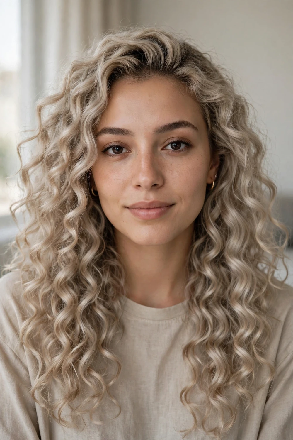Woman with long champagne ash blonde curls