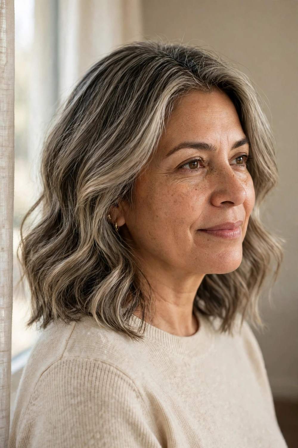 Woman with medium length wavy dark ash blonde hair