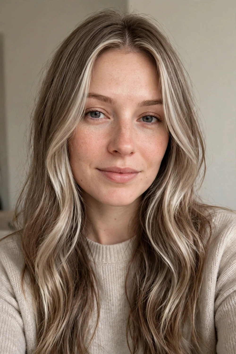 Woman with ash blonde face-framing highlights